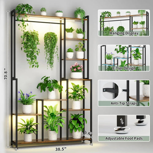 8-Tiered Heavy-Duty Metal Plant Stand 71-Inch Indoor Grow Light Large Square Flower Display Rack for Living Room Patio Garden